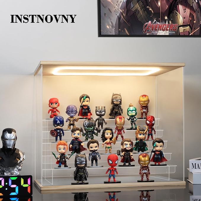 Clear Acrylic Display Case with Light 6 Tier Display Storage Box Assembly Dustproof Showcase for Collectibles Action Figures(Wood, 19.1*12.0*15.7inch)