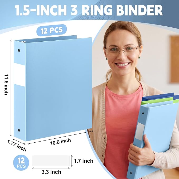 Henoyso 12 Pcs 1.5" 3 Ring Binders, Colored Binders, Bright Color | Flexible Soft Binders, for Office School Business, Fits Letter Size 8.5'' x 11'' Paper, Holds 100 Sheets with 2 Pockets