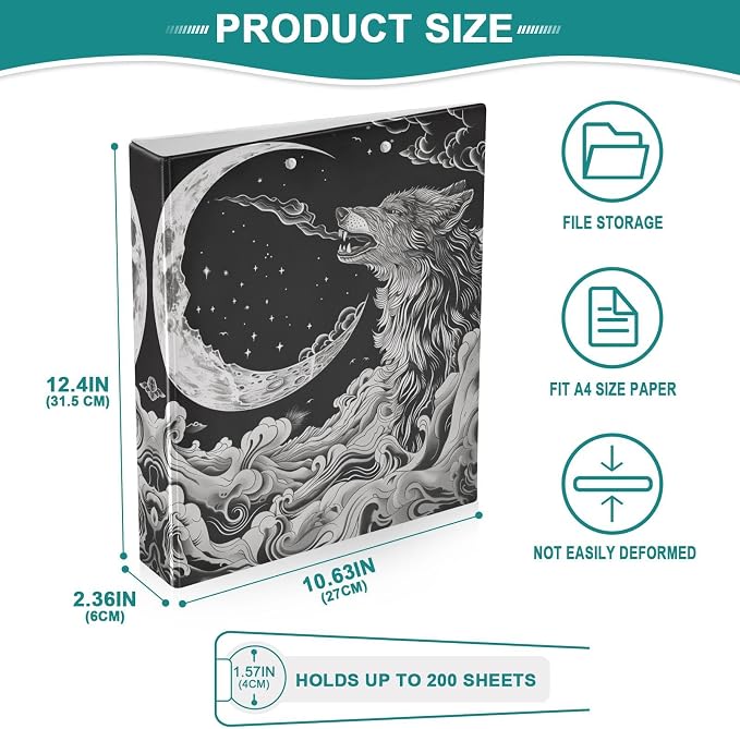 3 Ring Binder Wolf Whistling Moon 1.5 Inch Three Ring Binder | Cute Binder with 3 Storage Pockets for Women School Office Supplies