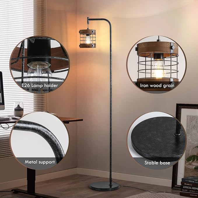 67" Industrial Floor Lamp with Wood & Black Metal Shade, Modern Standing Lamp, Rustic Farmhouse Tall Lamp for Living Room Bedroom Office, 2700K Bulb & Foot Switch Included (BlackSliver+ Wood- FL-2521)