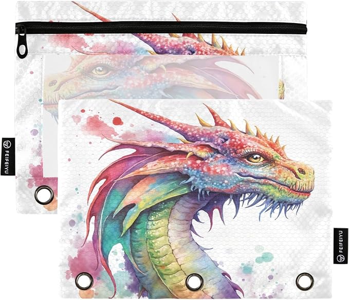 Watercolor Dragon Pencil Pouch for 3 Ring Binder, 2 Pack Waterproof Pencil Bags Clear Window Zipper School Office Supplies
