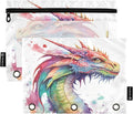 Watercolor Dragon Pencil Pouch for 3 Ring Binder, 2 Pack Waterproof Pencil Bags Clear Window Zipper School Office Supplies