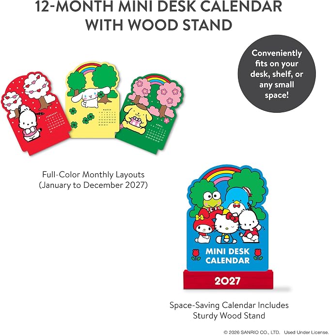 Orange Circle Studio Hello Kitty® and Friends 2027 Mini Desk Calendar with Wooden Stand, 12-Month Small Desktop Calendar, Full-Color Monthly Layouts, 300 GSM FSC-Certified Paper, Office Desk Decor
