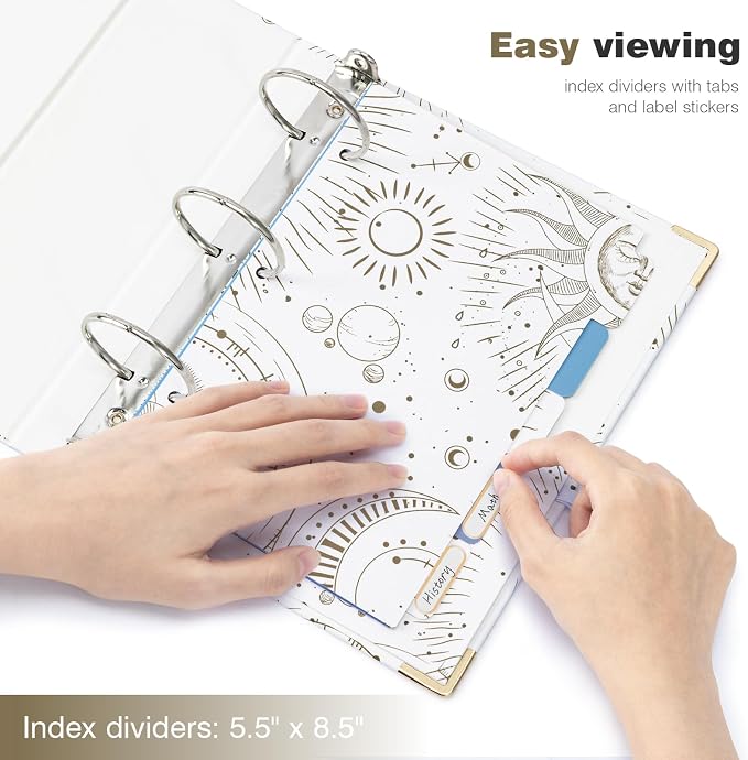 Ospelelf Mini 3 Ring Binder 2 Inch for 5.5" x 8.5" With 5 Tab Dividers, File Folder Labels and Low Profile Clipboards - Cute Tarot Cards Binder for School and Office Supplies