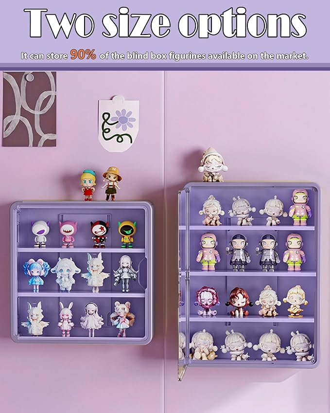 Wall Mounted Display Case for Figures, 15.75" High, Shadow Box with Shelves | Hanging Trinket Display Shelf for Collectibles Action Doll Blindboxes Storage, 4-Layer Purple Shelf with Magnetic Door 1 Pack
