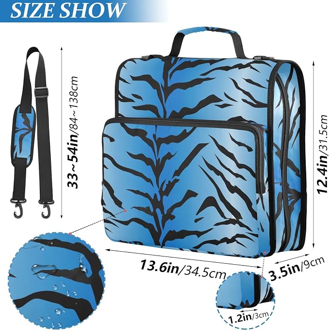 3 D-Ring Zipper Binder Bag, Blue Tiger Stripes Black Pattern Removable Binder with Zipper Case Hold 300+ Sheets& 13 Inch Laptop for School Office Supplies Organizer