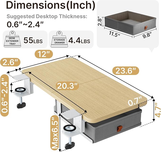 Desk Extender Tray, 24" x 12", with Storage Drawer, Medium, Wood | Desk Extension, Clamp on Desk Shelf, Clamp On Keyboard Tray for Office and Home, Workstation Organizer