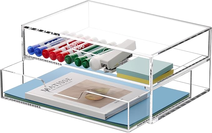 SANRUI 2 Tier Acrylic Desk Organizer with 2-Drawer, Clear File Organizer | 2 Open Drawers, Organize Office Desk Accessories & Sort Pens, Notes, Makeup, Jewelry & Toiletries for Office, Vanity & Bath