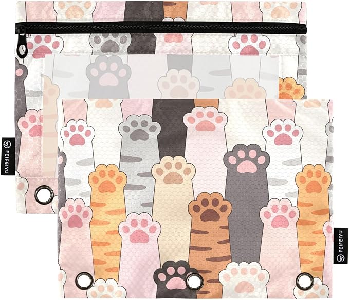 Cat Paw Prints Pencil Pouch for 3 Ring Binder, 2 Pack Waterproof Pencil Bags Clear Window Pencil Case Zipper School Office Supplies