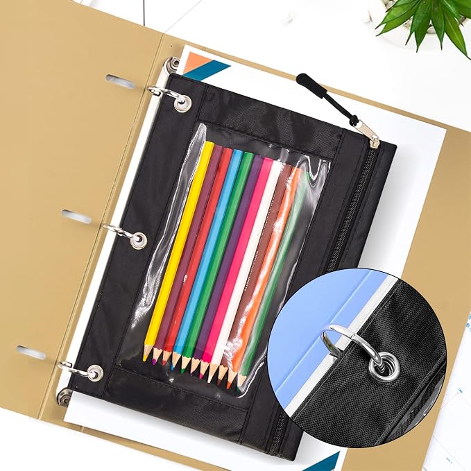 Pencil Pouch for 3 Ring Binder, Large Pencil Case with Clear Window, Metal Zipper Binder Pencil Pouches Fit Standard Binders, Durable Organizer for Office School Supplies Black 5 Pack