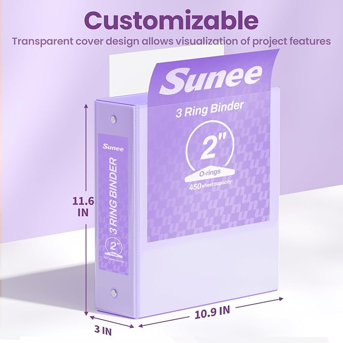 SUNEE 3 Ring Binders 2 Inch 4 Pack, Clear View Binder Three Ring PVC-Free (Fit 8.5x11 Inches) for School or Office Supplies, Purple