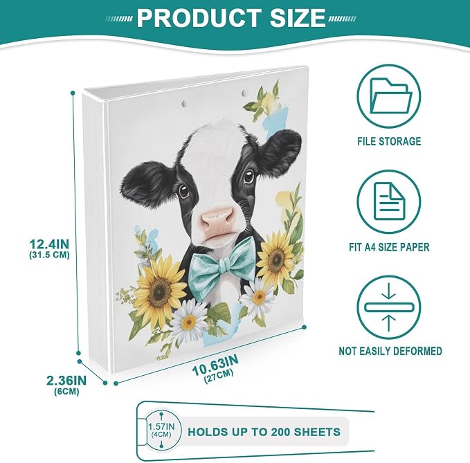 Sunflower Cute Cow Binder 1.5 Inch Binder with Clipboard&Pockets, Daisy Flower Cow Hardcover Binders 3 Ring, Heavy Duty Large File Folder for Office School Supplies - Holds 200 Sheets, 2 Pack