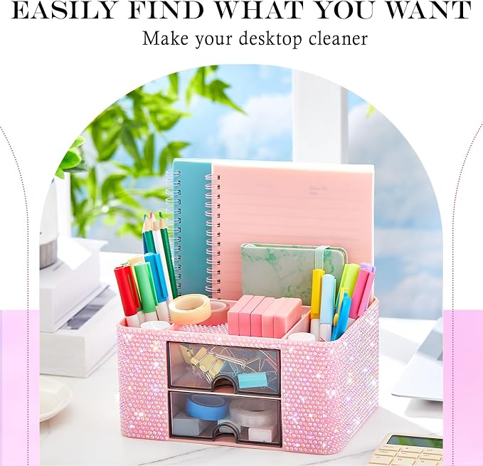 MotiMind Pink Bling Desk Organizer with 2 Drawer, Sparkly Makeup Organizer for Vanity, Girly Desk Accessories, Rhinestone Pen Holder, Elevate Your Workspace with Pink Serenity (Diamond)