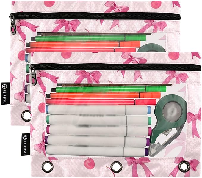 Pink Bows Cherry Pencil Pouch for 3 Ring Binder, 2 Pack Waterproof Pencil Bags Clear Window Pencil Case Zipper School Office Supplies