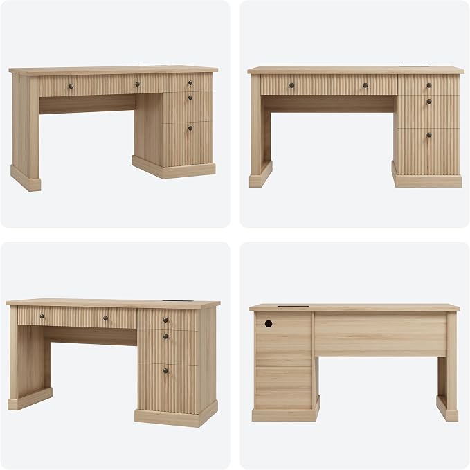 IDEALHOUSE 54 Inch Modern Executive Desk with Charging Station, USB-C/A & 6.56ft Cord - Fluted Office Desk with File Drawers, Computer Desk for Home Office, Burlywood
