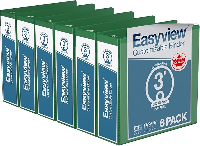 Easyview Premium 3-Ring Binders with Clear-View Covers and Round Rings, Binders for School or Office, 3 Inch, Pack of 6, Green