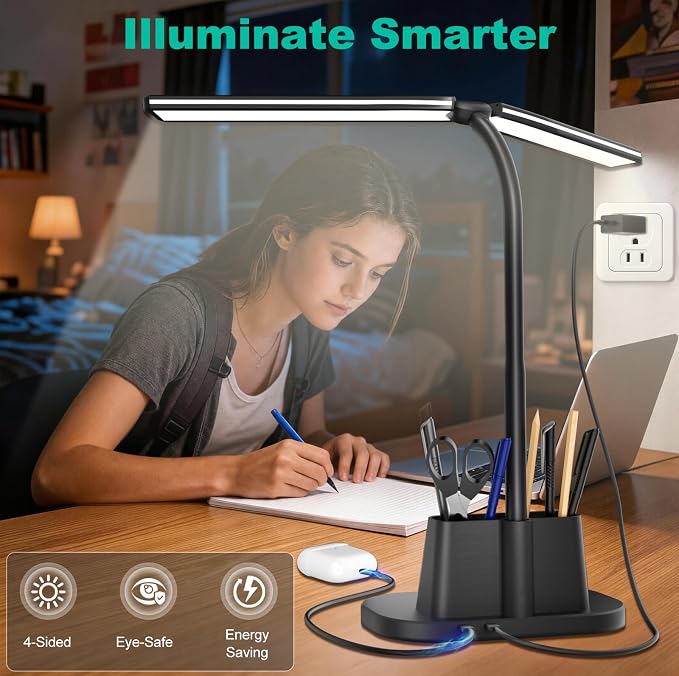 Desk Lamp with USB-C Charging Port and Organizer Base, LED Desk Light with Pen Holder, Phone Stand, 25 Lighting Modes, Flexible Gooseneck Touch Lamp for Home Office, Study Desk, College Dorm Room