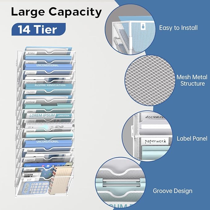 14-Tier Wall File Organizer and Hanging File Organizer, White | Wall Organizer and Wall Mounted File Holder with 14 Pockets and Label Panels for Files, Mail, Folders, Magazines and Paper