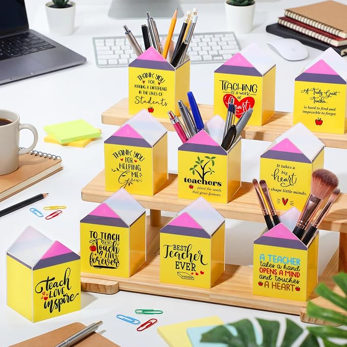 Sherr 10 Pcs Back to School Teacher Gifts Inspirational Pencil Cups Bulk | First Day of School Gifts for Teachers, Acrylic Pencil Shaped Pen Holders, Appreciation Gifts for Teachers Counselors School