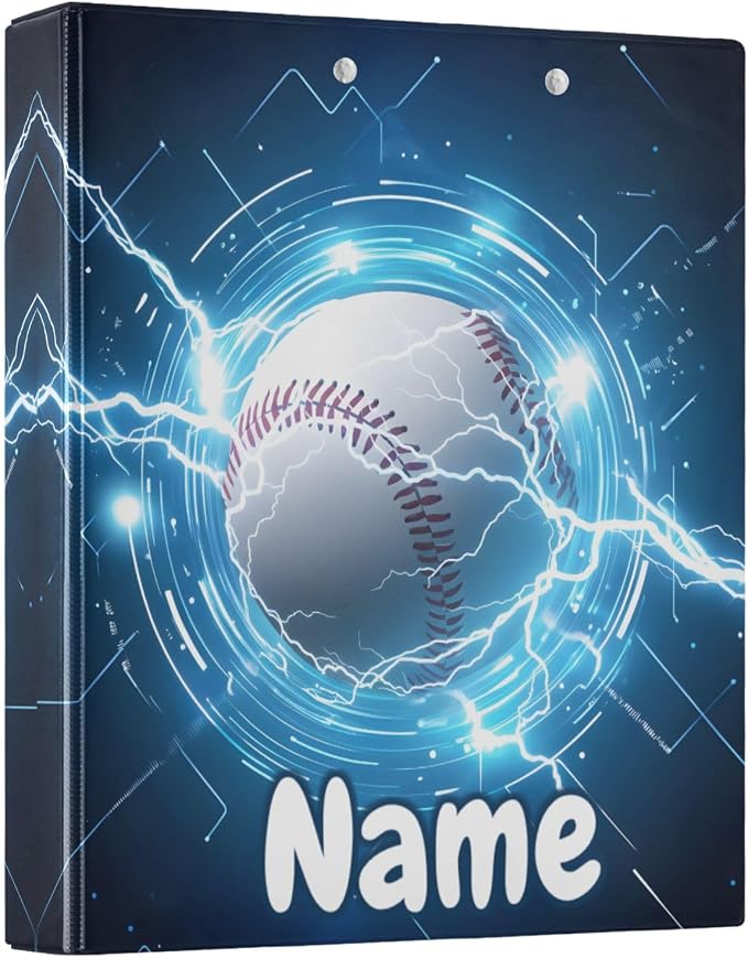 Custom 3 Ring Binder Baseball Lightning 1.5" Round Ring Binders Personalized Name View Binder with 200 Sheet for Kids School Supplies Women Men Office, 1 Pack