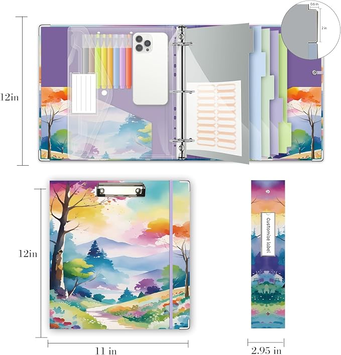 3 Ring Binder 2 Inch for 8.5"x11" Paper, Three Ring Binders with Clipboard, 5 Dividers with Tabs and Pockets, Decorative Binder with Pen Holder,Path