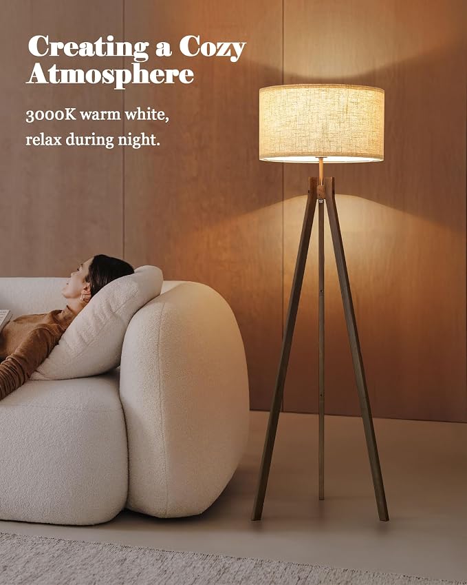 ELYONA Farmhouse Wood Tripod Floor Lamp, Modern Reading Standing Lamp with 3 Color Temperatures LED Blub & Nature Linen Shade, Night Light for Living Room, Bedroom, Study Room, Office, Grey