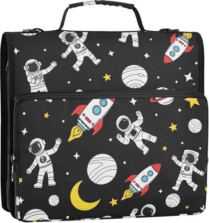 Astronaut Rocket Planet Stars 3 Ring Binder Bag 1.5 inch Binder Organizer with Zipper Shoulder Strap 500 Sheet Documents Storage for School Office
