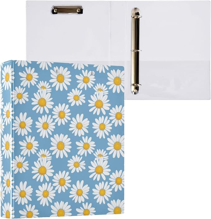 Flower Daisies Floral 1.5 Inch 3 Round Ring Binders with Pocket Clip, Holds 200 Sheets Documents for Office Classroom Student Organization Hard d Ring Binders with Printed