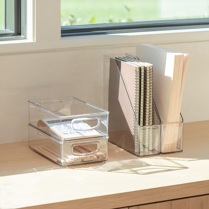 mDesign Plastic Slim Vertical File Folder Storage Organizer Bin with Handle, Hold Notebooks, Binders, Envelopes, Magazines for Home Office, Work Desktops, Ligne Collection, 8 Pack, Clear