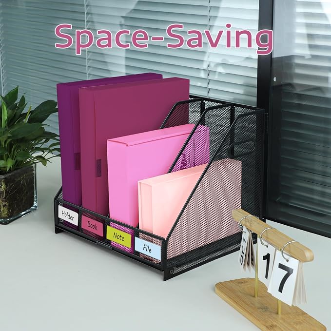 Desk Organizers, Metal Magazine File Holder with 4 Vertical Compartments Rack Binder File Organizer for Office Supplies, Home Workspace - Black