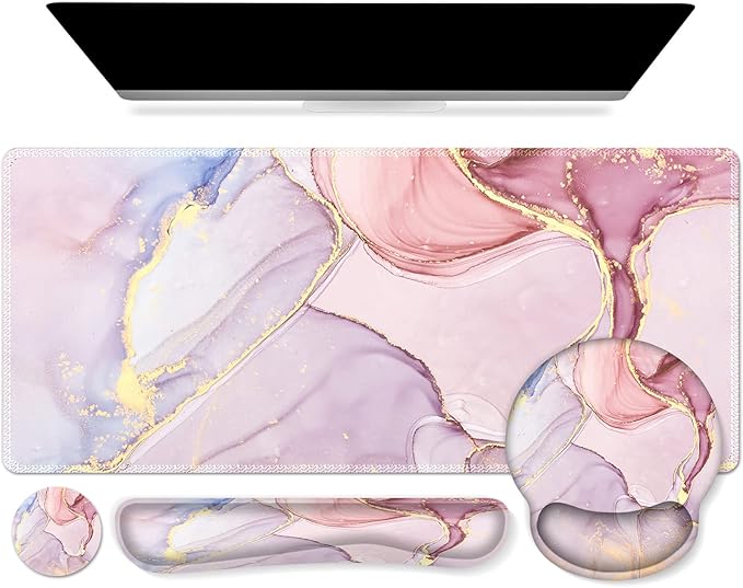 iCasso Glitter Marble Computer Mat 35.4"x15.7", Table Mat for Gaming | Elegant Home Ergonomic Desk Pad with Keyboard Wrist Rest, Mousepad Set for Students Computer Office Workspace Area