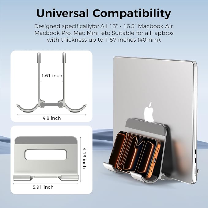 Aluminum Vertical Laptop Stand for Desk, Auto-Locking Adjustable Dock Holder with Dual Slots for Tablet & Phone, Space-Saving Upright Organizer Fits MacBook Pro/Air, Dell, HP, Chromebook (Silver)