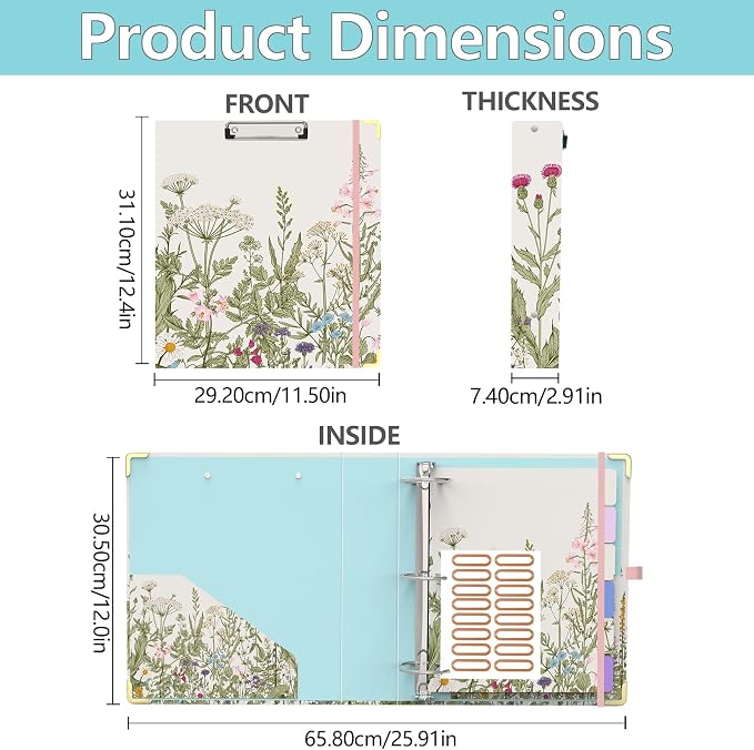 3 Ring Binder 2 Inch, Cute Round Ring Binders with 6 Tab Dividers & Label Stickers, Low Profile Clipboard with Storage, Fashion Aesthetic Binder School Office Supplies (Garden Flowers)