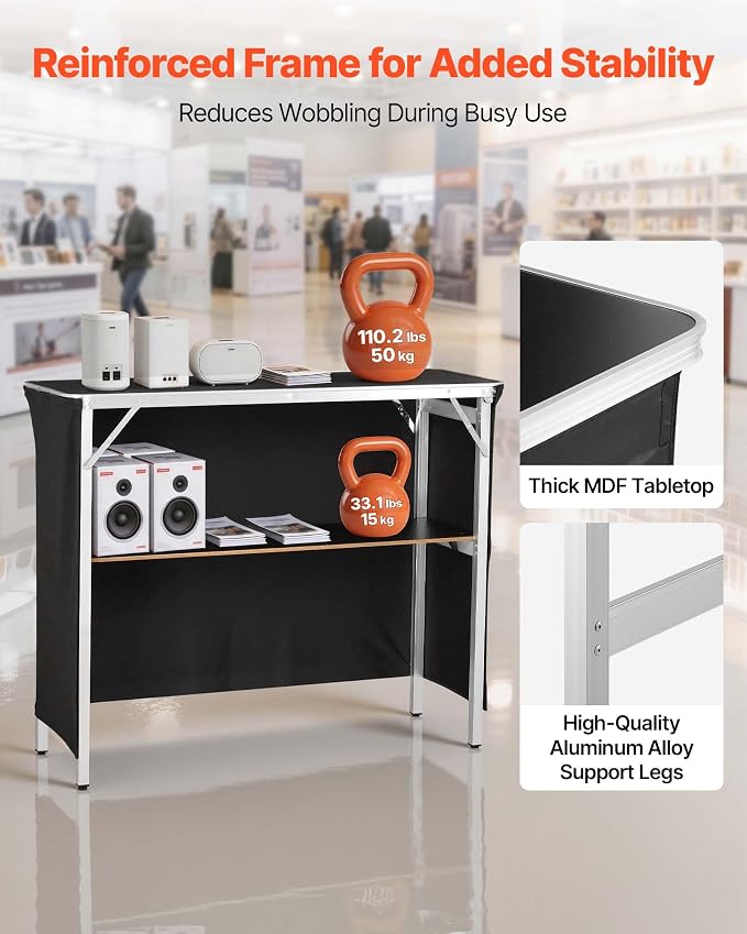 VEVOR Folding Portable Bar Table, 43.3 x 15.2 x 34.8 in, with Carry Bag, Storage Shelf, and Detachable Skirt, Quick and Easy Setup, Foldable Mobile Bartending Station for Events, Party, Tradeshow