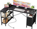 DUMOS L Shaped Desk with Drawers, Gaming Desk, 55 Inch | Power Outlet, Study Table, Adjustable Shelves, Home Office, Corner Computer Workstation, Bedroom, Black