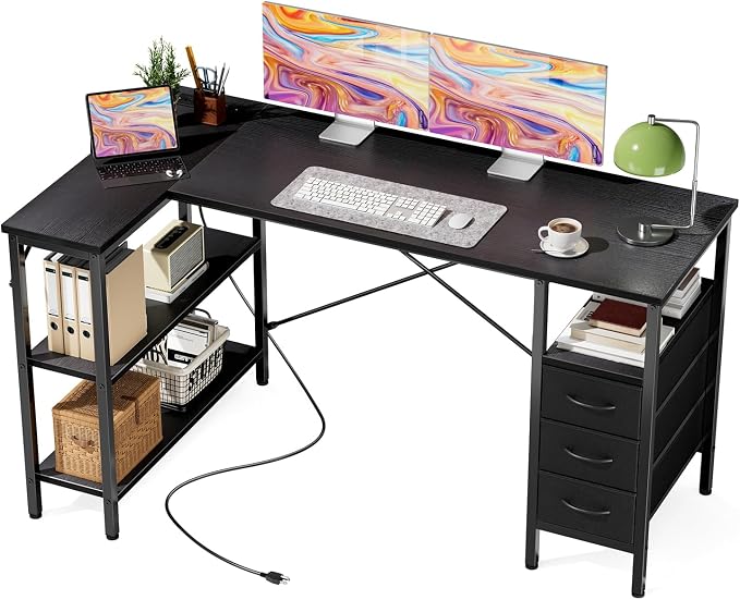 DUMOS L Shaped Desk with Drawers, Gaming Desk, 55 Inch | Power Outlet, Study Table, Adjustable Shelves, Home Office, Corner Computer Workstation, Bedroom, Black