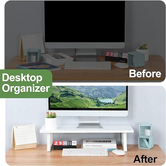 TEAMIX 24 inch Monitor Riser for Desk, Wood & Steel Computer/TV Stand White | Laptop, PC, Printer Stand Riser, Holds 150lbs, Desktop Organizer, Keyboard Storage, for Office, Home, Gaming, Craft Space
