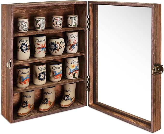 Ikee Design Wood Wall-Mounted Display Case with Glass Top & Lock | Display Shelves Case Shadow Box with lock,Tempered Glass Top Wall Mounted Display Your Valuable and Collection