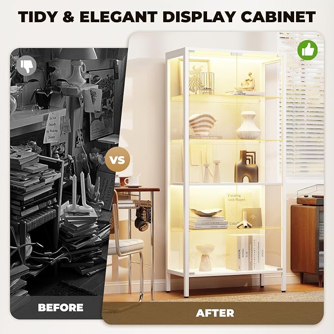 Glass Display Cabinet, 5-Tier Display Case with Adjustable Glass Shelves, Metal Curio Cabinet with 3 Color Lights for Collectibles, Bookcase with Human Body Sensor, White