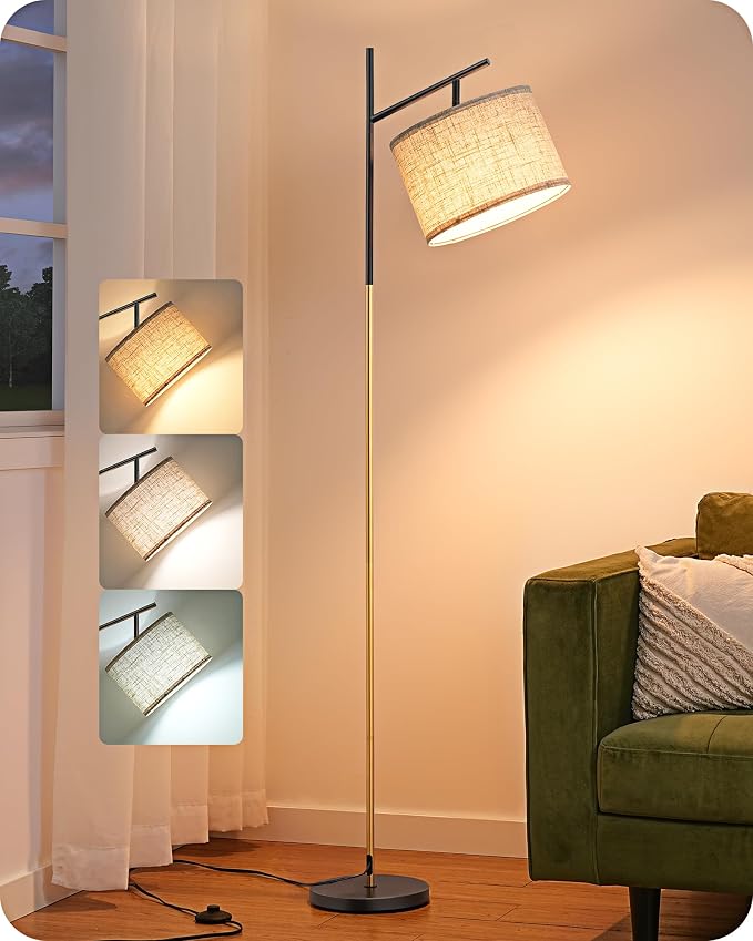 EDISHINE Black Gold Modern Floor Lamps for Living Room, Arc Standing Lamp | Bulb Included, 3 Color Temperatures, Flexible Lampshade, Foot Switch, Weighted Base, Tall Light for Office, Bedroom