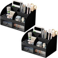 COMFYROOM Desk Organizer with 6 Compartments and 2 Drawers, Plastic Makeup Organizer, Pen Holder for Desktop Storage, Desk Organization for School, Home, Office Supplies Black-2Pack