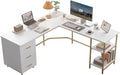 Techni Mobili 59" Two-Tone L‑Shaped Office Desk with Storage Shelves, Gold | 59" two‑tone L‑shaped desk with storage shelves, durable frame, modern corner workstation, spacious home office writing space