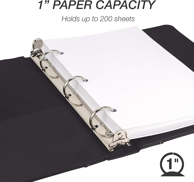 Samsill 1" Junior Size 3 Ring Binder, Leather, Black with Contrast Stitching, Holds 8.5 x 5.5 Paper, 3 Rings, Notebook Binder, Portfolio Organizer, Planner, Journal
