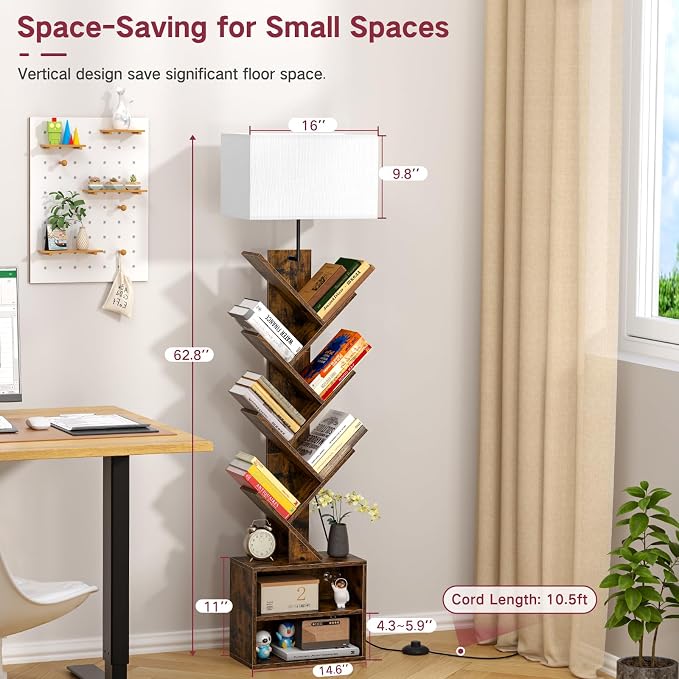 9 Tier Tree Bookshelf with Light, Remote, Timer & Cabinet, Dimmable Modern Tall Floor Standing Corner Book Shelf, Small Narrow Wood Bookcase for Living Room, Bedroom, Office(Rustic Brown)