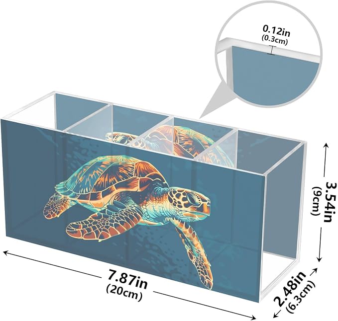 Sea Turtle Acrylic Printed Pen Holder 4 Compartments, Acrylic Plastic Pen Holder Cosmetic Brush Holder Desk Pen Holder Marker Organizer Square Acrylic Pen Holder 4 Compartments