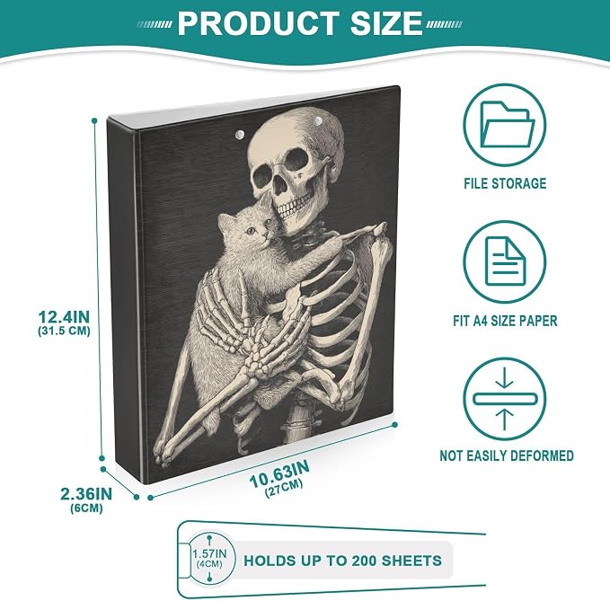 Vintage Skeleton and Cat Retro Gothic Binder 3 Ring 1.5 Inch Binder with Clipboard&Pockets, Hardcover Binders Heavy Duty Large File Folder for Office School Supplies - Holds 200 Sheets
