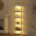 5 Tier Ladder Shelf with Light, Wall Ladder Book Shelf Gold & White | Wooden Ladder Shelf with Metal Frame, Leaning Ladder Shelf Narrow Ladder Bookshelf for Living Room, Bedroom, Office