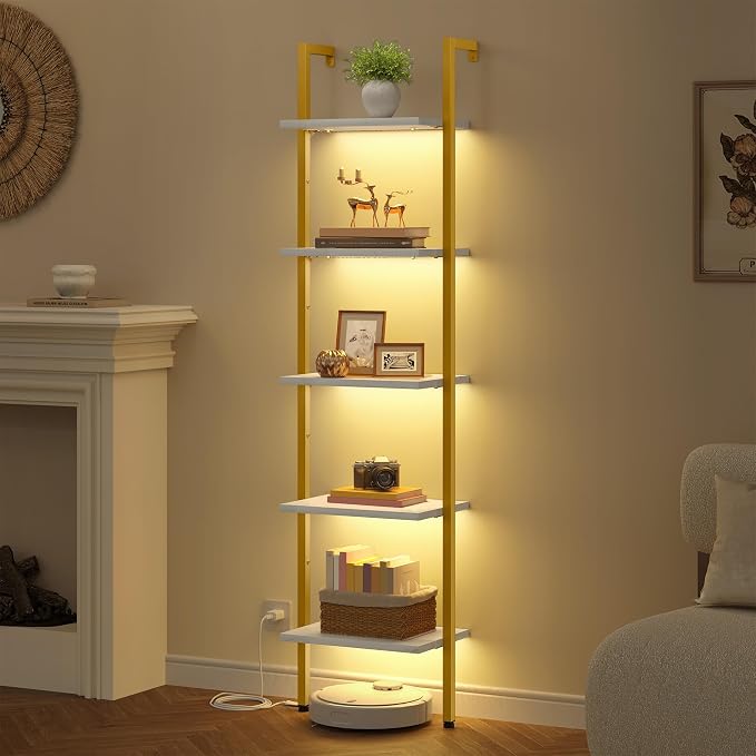 5 Tier Ladder Shelf with Light, Wall Ladder Book Shelf Gold & White | Wooden Ladder Shelf with Metal Frame, Leaning Ladder Shelf Narrow Ladder Bookshelf for Living Room, Bedroom, Office