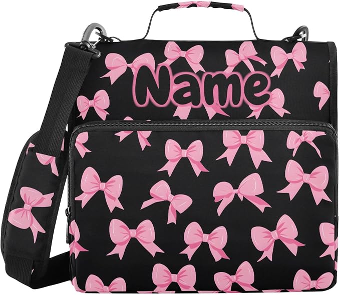 Custom Pink Bow Black Background 3 Ring Binder Bag 1.5 inch Personalized Name Binder Organizer 500 Sheet Documents Storage for School Office