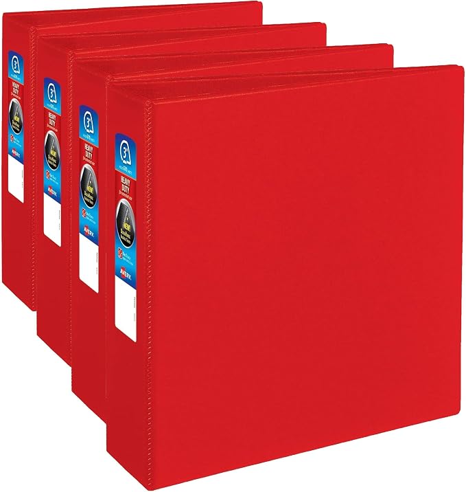 Avery Heavy-Duty 3 Ring Binder, 3 Inch One Touch EZD Rings, 3.5 Inch Spine, 1 Red Binder (79583) (Pack of 4)